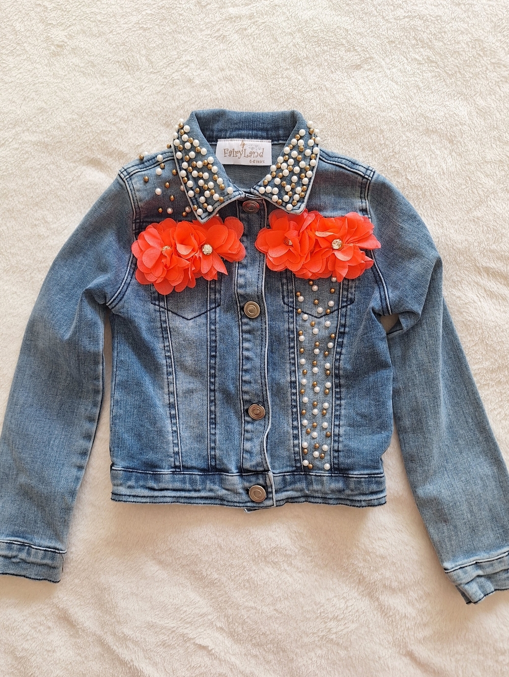 Fairy Land Girls Denim Jacket 5-6Y Butterfly Sequin Floral Pearl Jean Coat🦋